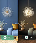 9-Light Dandelion Gold Fireworks Crystal Chandelier For Dining Room Bedroom Kitchen Living Room Foyer Sparkling Orb Pendant Light Fixture With Elegant Crystal Orbs And A Lit Modern Glam Ceiling Light, shown off and on in living room.