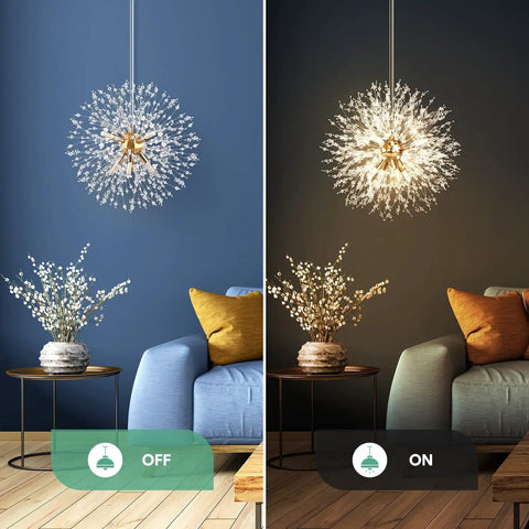 9-Light Dandelion Gold Fireworks Crystal Chandelier For Dining Room Bedroom Kitchen Living Room Foyer Sparkling Orb Pendant Light Fixture With Elegant Crystal Orbs And A Lit Modern Glam Ceiling Light, shown off and on in living room.