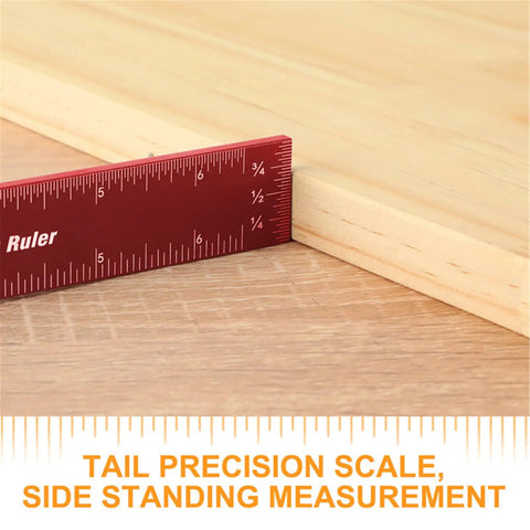 Pro Grade 3 Piece Pocket Metal Ruler Set with Inch and Metric T Type Scribing Square measuring wood with precision scale.