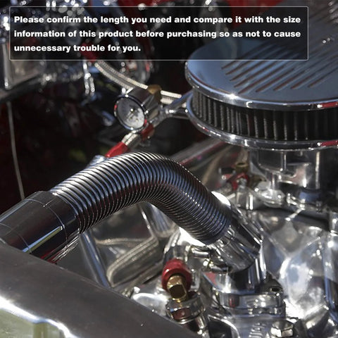 Universal 48-inch black stainless-steel braided radiator coolant hose kit installed in engine bay with four clamps