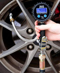 FlowPro Digital Tire Inflator With Pressure Gauge 200 PSI for Precise Tire Inflation, rugged hose and bright LCD in use on car tire