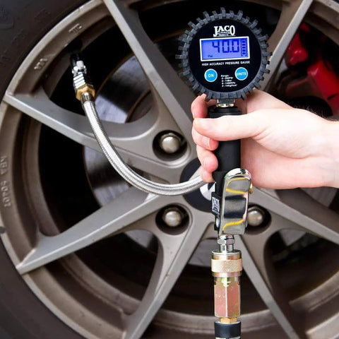 FlowPro Digital Tire Inflator With Pressure Gauge 200 PSI for Precise Tire Inflation, rugged hose and bright LCD in use on car tire