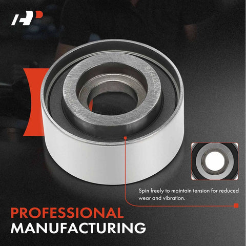 Engine Timing Belt Idler Pulley For Honda Accord, Accord Crosstour, Pilot, Odyssey, Ridgeline, Acura MDX, shown in steel detail