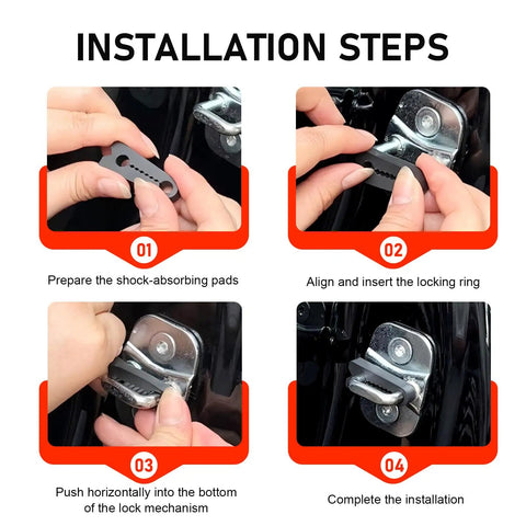 Installation steps for Tight 4 Piece Car Door Lock Covers Silences Rattling Clunks Smoothly, showing pad preparation and ring alignment.