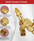 Close-up of Argon Y Connector with dual shut off valves, brass material, precision threads for MIG TIG welding tasks.