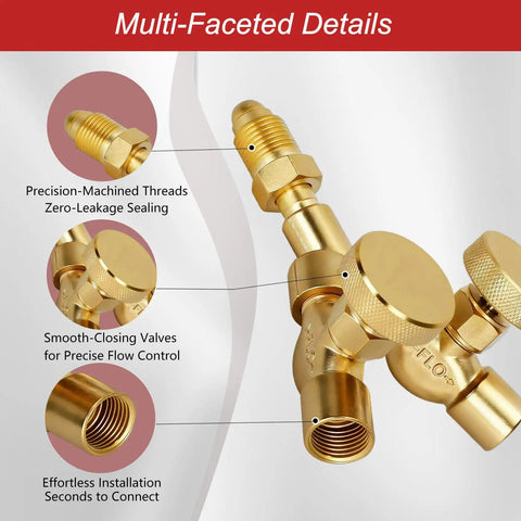 Close-up of Argon Y Connector with dual shut off valves, brass material, precision threads for MIG TIG welding tasks.
