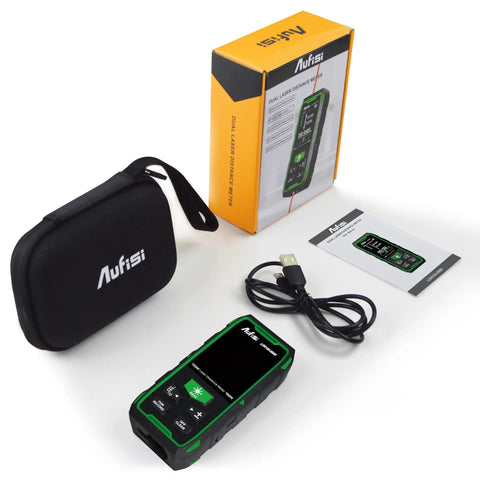 Dual Laser Distance Meter With 656 Feet Range, Rechargeable, Six Measurement Units In Feet, Inches, And Meters, LCD Display, Measures Length, Area, Volume And Angle With One Eighth Inch Accuracy, Bidirectional And Unidirectional Modes, with case, cable, and manual