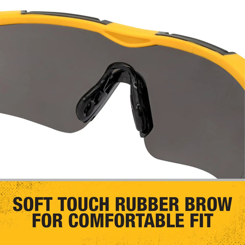 Close-up of Trim-Fit Half Frame Safety Eyewear For Unisex Outdoor Work And Play, featuring black frame with anti-slip nose pad and rubber brow.