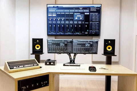 Home studio setup with ROKIT 7 G4 7 Inch Powered Studio Monitor Black With Kevlar Driver And Built In Class D Amp DSP EQ And Onboard LCD