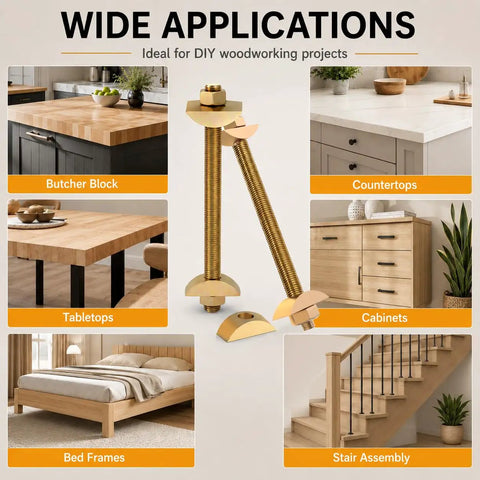 Heavy Duty M8 100mm Countertop Connector Bolts Set with half moon washers for butcher block countertops and cabinets