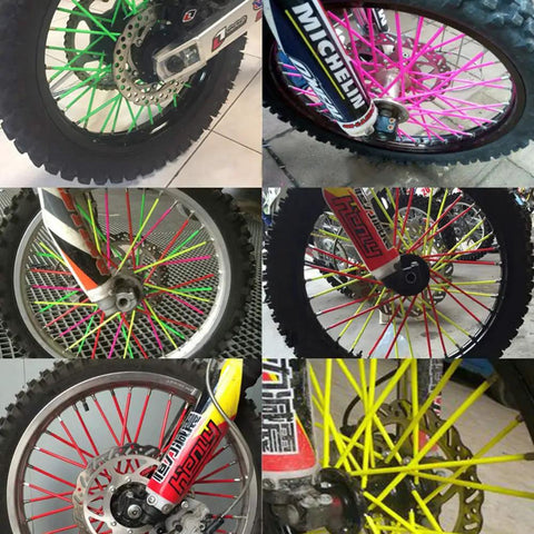 Collage of wheels with 72Pcs Spoke Skin Covers Set Universal Protective Wheel Coil Wraps for Motorcycle Off Road SUV Bicycle Pink Durable UV Resistant Plastic