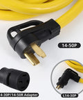 Yellow 20 Foot 14 50P To SS2 50R Power Cord Adapter Kit for RV, showing 14-50P plug and L14-30P adapter, close-up view.