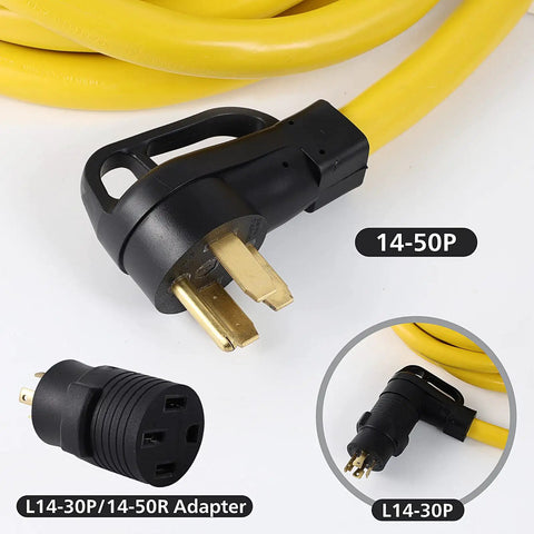 Yellow 20 Foot 14 50P To SS2 50R Power Cord Adapter Kit for RV, showing 14-50P plug and L14-30P adapter, close-up view.