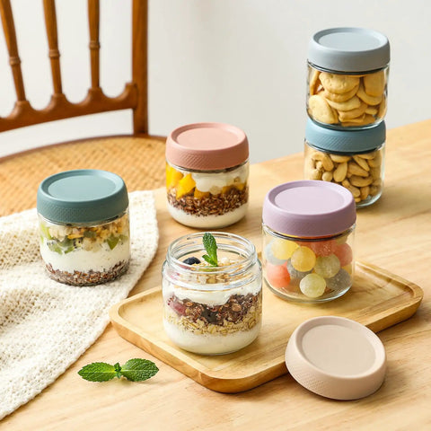 Six Pack 10oz Glass Jars With Airtight Lids For Overnight Oats, Yogurt, Snacks, Spices And Sugar, jars filled with colorful snacks