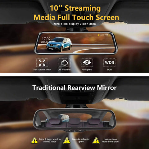 Dual 1080P Front And Rear Mirror Dash Cam With Night Vision, 10 Inch Full Touch Screen, showing streaming media vs traditional mirror.