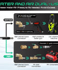 Diagram of dual-use water and air connectors for car wash gun, showing swivel connectors and high-pressure washer setup.