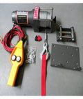 No Sweat Heavy Duty Electric Hoist 3000 Lbs Portable Winch With Copper Motor And Safety Breaker parts laid out, including remote and cable.