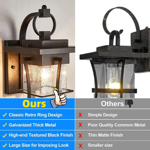 Comparison of Outdoor Dope Wall Sconces, matte black metal with clear seeded glass, showcasing design differences between models.