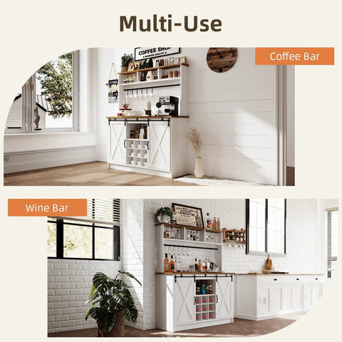 Premium White Farmhouse Coffee Bar Cart With Sliding Barn Doors Open Storage Hutch Integrated Wine Rack Solid Wood Serving Counter Top Station Serious Game Changer, showcasing multi-use features.