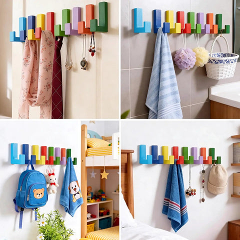 Fresh Rainbow Wooden L Shaped Wall Hooks Eight Pack With Adhesive Pads And Screws in vibrant colors organizing scarves and bags.