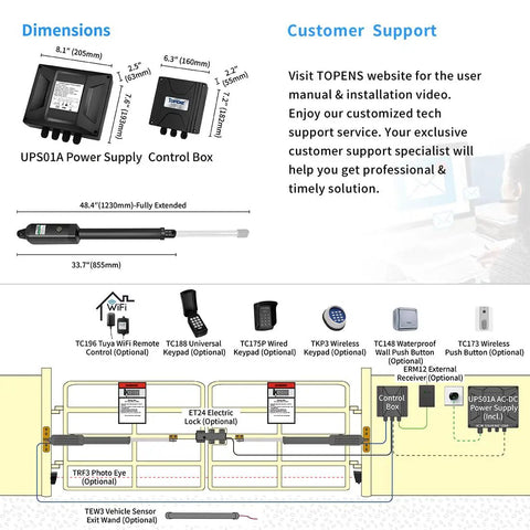 Diagram of Dual Swing Gate Opener For Medium-Duty Gates Up To 16 Ft Per Arm AC Powered Driveway Gate Operator With Remote Kit