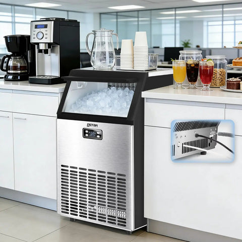Straight Fire Commercial Ice Maker Cranks Out 100 Pounds Daily With 33 Pounds Storage, producing crystal clear ice cubes in a kitchen setting.