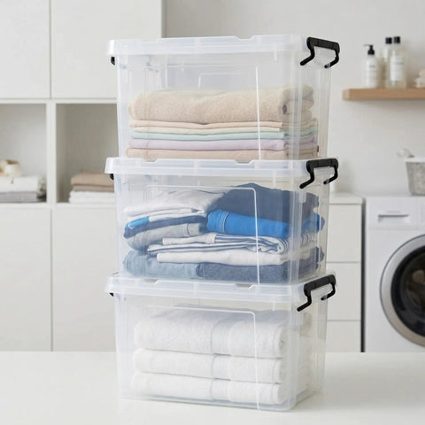 Massive 90 QT 8 Pack Stackable Clear Storage Tote Bins With Secure Snap Lids For Heavy Duty Home Office Garage Organization And Toy Cleanup That Creates A Clean Sweep