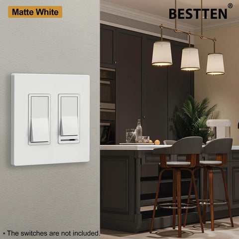 Pack Of Ten Matte White Screwless Two Gang Decor Wall Plates Modern Upgrade For Light Switches Dimmers Usb And Gfci Receptacles Snap On Outlet Covers In Popular Subtle Finish Easy Install Polycarbonate shown in a stylish kitchen setting.