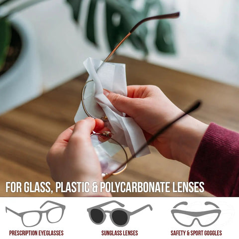 Person using Premoistened Eyeglass Wipes For Glasses Phones Lenses And Screens Quick Dry Scratch Free Cleaning Wipes Individually Wrapped 200 Count Pack For Easy On The Go Care on eyeglasses