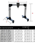 Rock Solid Portable Aluminum Gantry Crane Featuring Smooth Swivel Wheels And Quick Height Adjustments dimensions and specifications chart.