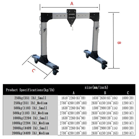 Rock Solid Portable Aluminum Gantry Crane Featuring Smooth Swivel Wheels And Quick Height Adjustments dimensions and specifications chart.