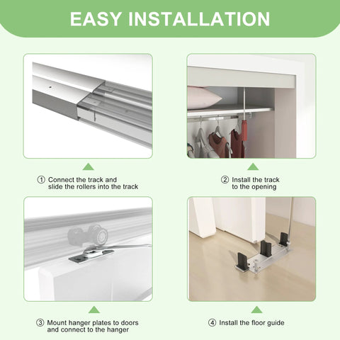 Easy installation steps for 5 Foot 60 Inch Bypass Door Hardware Kit With Aluminum Double Closing Sliding Closet Doors, Silver Finish