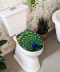 Round Majestic Peacock Chinoiserie Gold Feather Display Ornate Toilet Seat on white toilet with green peacock design.