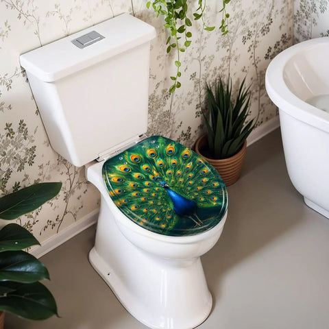 Round Majestic Peacock Chinoiserie Gold Feather Display Ornate Toilet Seat on white toilet with green peacock design.