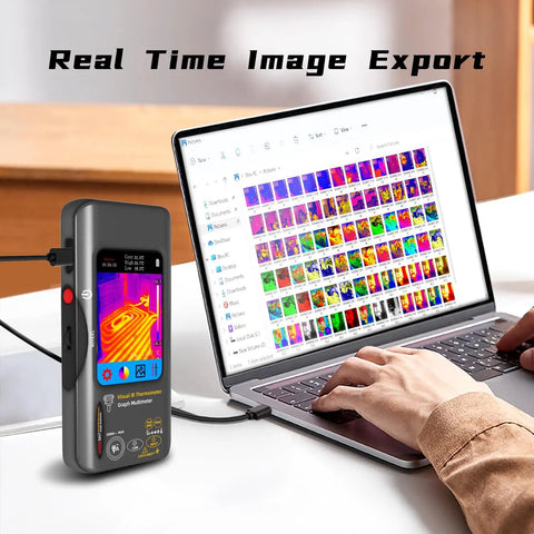 Pro Grade All In One Thermal Imaging Camera Multimeter with Macro Lens for Electrical Troubleshooting connected to laptop