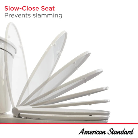 Side view of soft close elongated toilet seat in white with quiet no slam lid demonstrating slow-close feature.