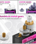 Comparison of plastic, copper, and aluminum gears in 9g Micro Servo Motor With Metal Gear Pack Of 2 Lightweight Aluminum Teeth Coreless Motor Double Ball Bearings