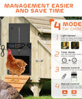 Built Tough Automatic Chicken Coop Door With 4000mAh Battery Solar Powered 7W Solar Panel Timer And Light Sensor Anti Pinch Aluminum Construction Remote Control Wire Clip Black shown next to wooden coop displaying modes of operation.
