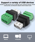 Slick USB To Four Pin Screw Terminal Block Adapter For Quick Cable Extensions And No Sweat Project Hookups A Rock Solid DIY Electronics Breakout Module. Two adapters displayed, with wiring terminals for easy connections.