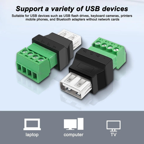 Slick USB To Four Pin Screw Terminal Block Adapter For Quick Cable Extensions And No Sweat Project Hookups A Rock Solid DIY Electronics Breakout Module. Two adapters displayed, with wiring terminals for easy connections.