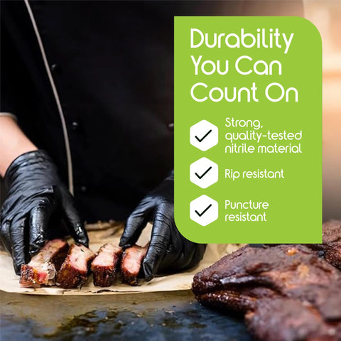 Inspire black nitrile gloves, large, disposable latex-free, used for cooking and food prep