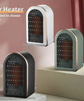 Three under desk space heaters in black, white, and green, showing portable design for office and bedroom use, PTC ceramic warmer.