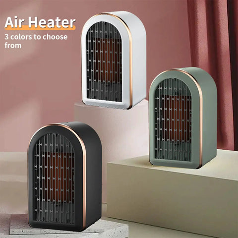 Three under desk space heaters in black, white, and green, showing portable design for office and bedroom use, PTC ceramic warmer.