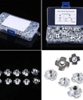 90Pcs Carbon Steel T Nuts Set With Zinc Plated Four Pronged Tee Nuts For Wood Furniture Blind Insert Kit For Woodworking And DIY Projects Anti Rotation Design Keeps Bolts Tight And Spinning Free visible in open and closed box with nuts displayed