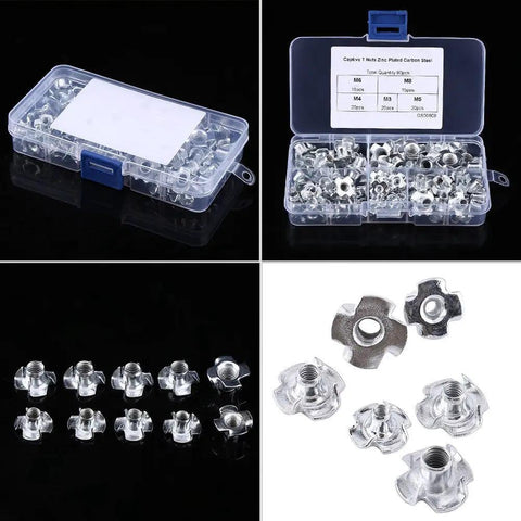 90Pcs Carbon Steel T Nuts Set With Zinc Plated Four Pronged Tee Nuts For Wood Furniture Blind Insert Kit For Woodworking And DIY Projects Anti Rotation Design Keeps Bolts Tight And Spinning Free visible in open and closed box with nuts displayed