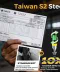 Two Inch Anti Slip Phillips Impact Bits PH2 Set In S2 Steel With Fully Laser Etched 360 Degree Micro Texture And Magnetic Driver CNC Precision Quarter Inch Hex Shank For Furniture Carpentry And Everyday Fastening Five Pack, showing Taiwan S2 steel certificate and diagram highlighting durability advantages.