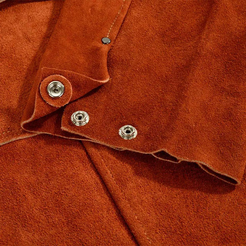 Close-up of Leather Welding Apron With Sleeve Heavy Duty Flame Resistant Shield Open Back Design Keeps You Cool While You Grind Weld Or Cut Blacksmith