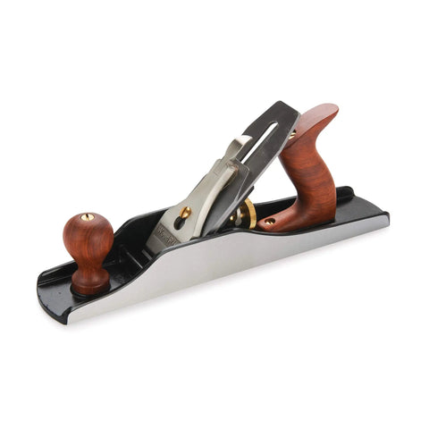 Five Bench Hand Plane Jack Model V3 Built Tough With Heavy Cast Iron And Machined Frog Features Premium Bubinga Handle side view with smooth blade.