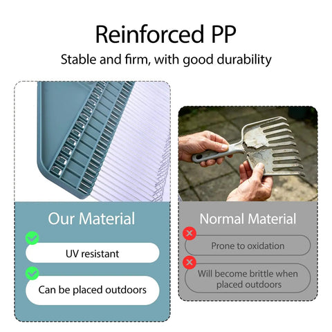 Comparison of reinforced PP for Thatch Rake With 66 Inch Adjustable Handle And 17 Inch Wide Dethatcher for durability and UV resistance.