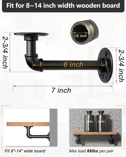 Dimensions and installation guide for Pipe Shelf Brackets For DIY Floating Shelves 8 To 14 Inch Industrial Iron Pipe Brackets Heavy Duty Metal Shelving Black 6 Pack Perfect For Books Plants Kitchenware And More, featuring measurements and weight capacity.